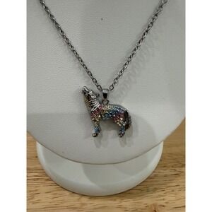 Rainbow Rhinestone Howling Wolf Silver Necklace